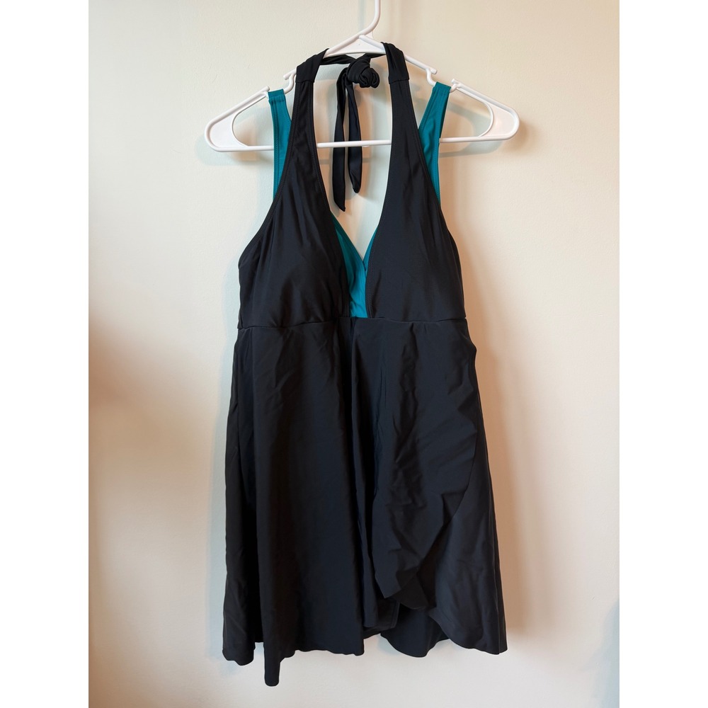 Blooming Jelly Womens Black Teal Halter Neck Swim Dress One Piece Swimsuit L